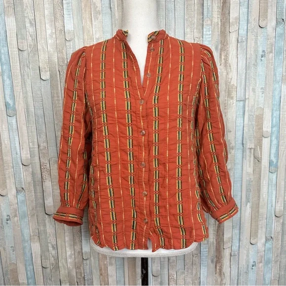 Anthropologie XS Pilcro The Bella Femme Buttondown Shirt Top Embroidered Orange - Picture 3 of 11